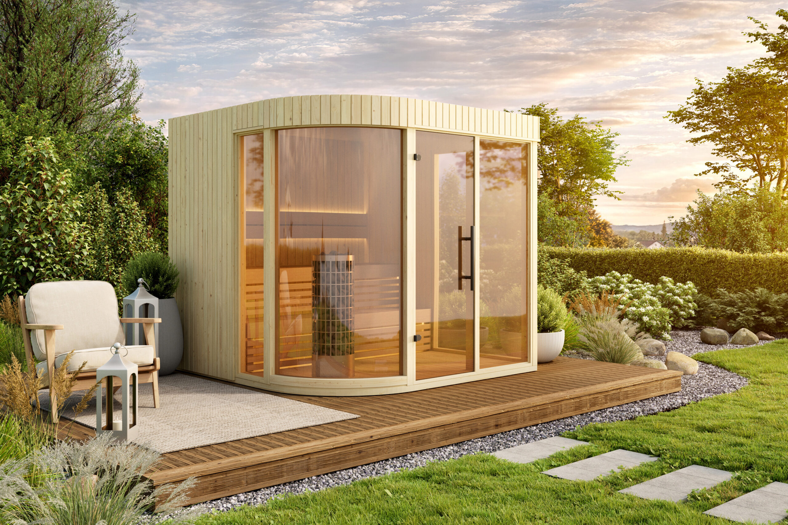 NEW! Arcos M Sauna Natural with Curved Glass